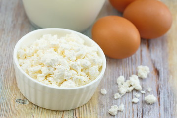 Fresh cottage cheese, eggs and milk.