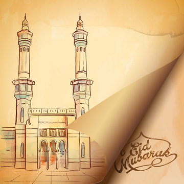 Eid Mubarak islamic greeting design with haram mosque sketch