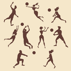 Set of silhouettes of people playing volleyball
