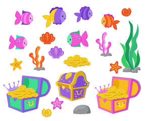 Vector cartoon set of design elements undersea world, aquarium.