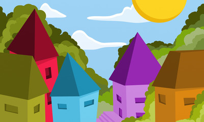 Panele Szklane  krajobraz z domami w wielu kolorach