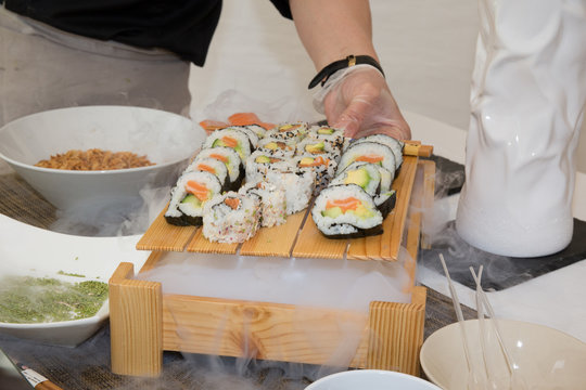 Japanese salmon dishes with salmon rolls , salmon sushi