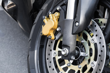 Close up of braking mechanism on motorcycle