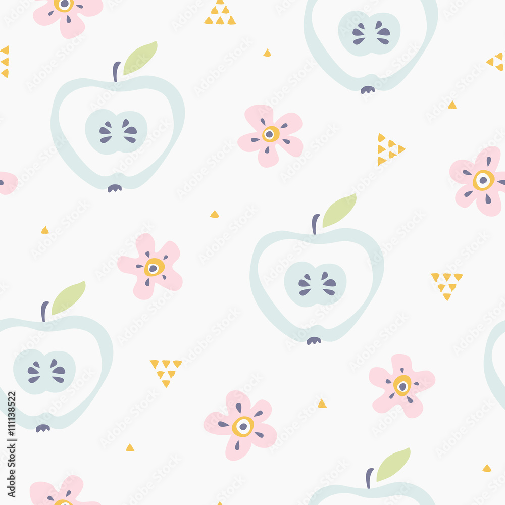 Poster seamless pattern with apples and flowers