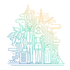 Travelers life line flat design banner with a traveling couple.