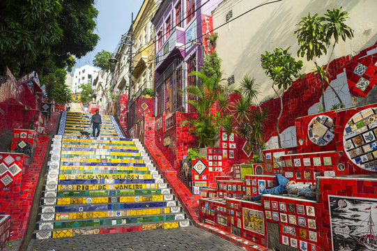 An early morning view of the Escadaria Selarón (Selaron Steps), a tourist attraction adjacent to the popular nightlife area of Lapa in Rio de Janeiro, Brazil