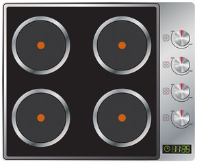 Modern electric hob with digital clock. Four zones. Silver color