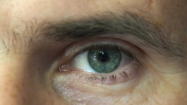 Green eye closeup of a caucasian middle age man with little wrinkles. Blinking left eye. Human vision concept
