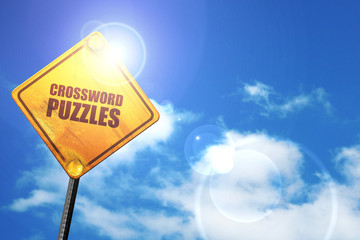 crossword puzzles, 3D rendering, a yellow road sign