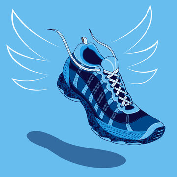 Single blue sneaker or sports shoe with flying laces floating above a drop shadow over a light blue background, vector illustration