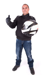 Biker holding his helmet
