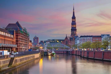 Foto auf Glas Hamburg. Image of Hamburg- Speicherstadt during beautiful sunset. © rudi1976