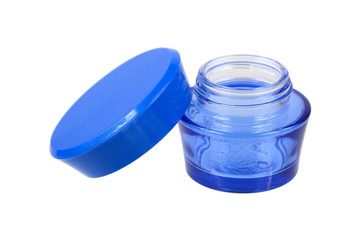 Blue cream container with lid isolated on white
