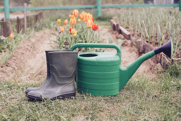 Rubber boots with watering can on grass