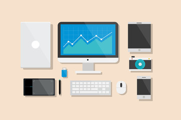 Computer and Electronic Device Flat Design Vector Illustration Element Icons Set