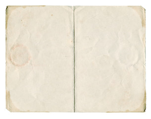 Two open paper blank pages with old spots. Vintage book texture for design.
