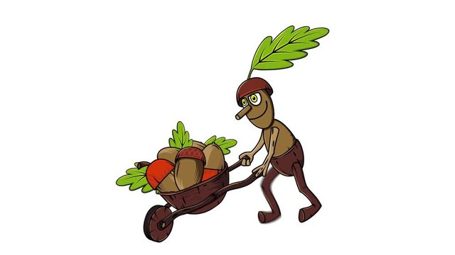 forest oak man pushing handcart harvesting acorns autumn season