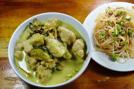 green curry fish ball with eggplant eat couple with rice vermicelli spicy salad