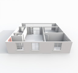 3d interior rendering of empty roofless home apartment: room, bathroom, bedroom, kitchen, living-room, hall, entrance, door, window