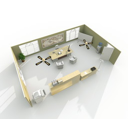 3d interior rendering of brown furnished boss office