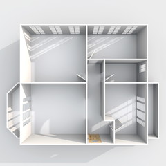 3d interior rendering plan view of empty roofless home apartment with two balconies: room, bathroom, bedroom, kitchen, living-room, hall, entrance, door, window