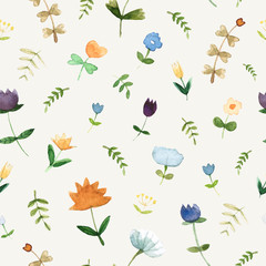Seamless cute pattern with spring flowers and leafs made in watercolor technique. Bright romantic background with summer flowers in vector.