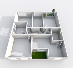 3d interior rendering of square empty home apartment: room, bathroom, bedroom, kitchen, living-room, hall, entrance, door, window