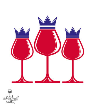 Elegant luxury wineglasses with king crown, graphic artistic vector