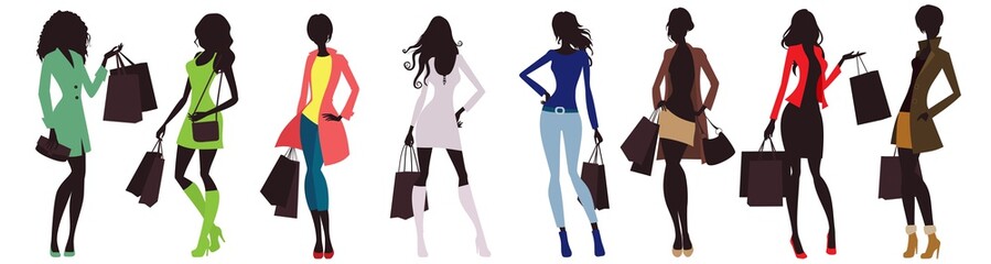 fashion women and shopping bags - obrazy, fototapety, plakaty