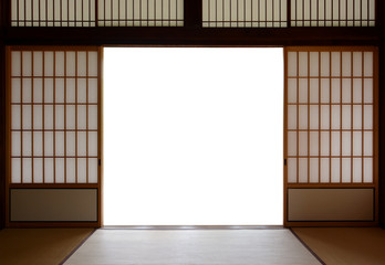 Traditional Japanese wood and rice paper doors and tatami mat flooring - 111153566