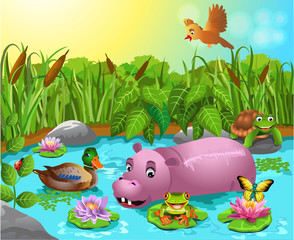 cartoon pond with hippo and wild duck