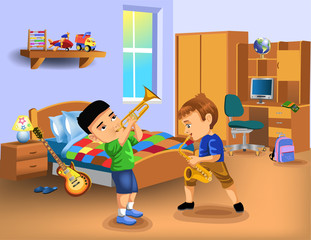 kids bedroom with two boys playing instruments