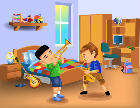 Kids Bedroom With Two Boys Playing Instruments