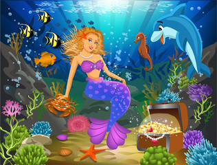 Obraz na płótnie Canvas mermaid sitting on a rock underwater surrounded by fish