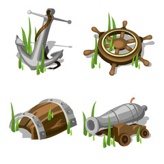 Anchor, steering wheel, gun, and wooden barrel