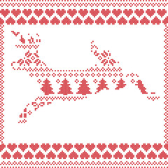 Scandinavian Norwegian style  winter stitching  knitting  christmas pattern in  in deer shape including snowflakes, hearts xmas trees c, snow, stars, decorative ornaments on white background
