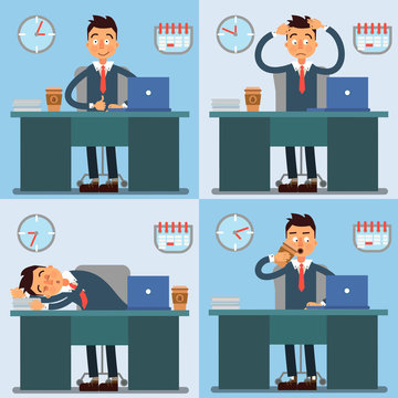 Businessman Working Day. Businessman at Work. Office Life. Vector illustration