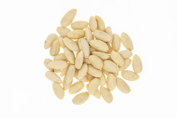 Heap of  blanched almonds, on white background