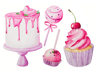 Watercolor hand drawn illustration. Cake, cupcake, candy isolated on a white