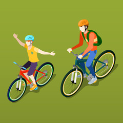 Naklejka premium Isometric People. Isometric Bicycle. Father and Son Cyclist. Vector illustration