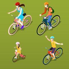 Isometric People. Isometric Bicycle. Family Cyclists. Vector illustration