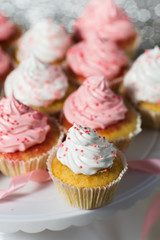 Vanilla cupcakes with pink and white cream, selective focus, close up