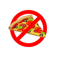 Stop Pizza. Forbidden fast food. Crossed out slice of pizza. Emb
