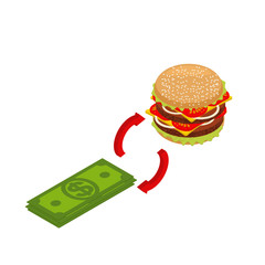 Buying hamburger isometrics. Sale of fast food. exchange sign. M