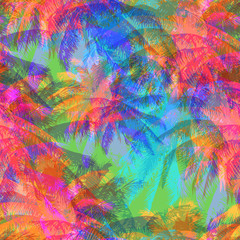 Obraz premium tropical pattern depicting pink and purple palm trees with with yellow highlights reflections on a turquoise background in crazy colors