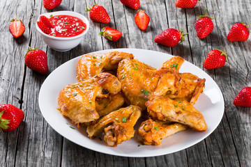 delicious fried chicken wings with strawberry sauce,close-up
