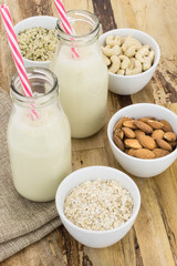 Bottles of homemade plant based milk and bowls with ingredients, on wooden background