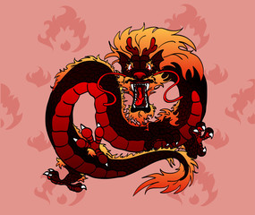 Red Asian dragon against tongues of flame