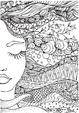 hand drawn ink doodle womans face and flowing hair on white background. Coloring page - zendala, design forr adults, poster, print, t-shirt, invitation, banners, flyers.