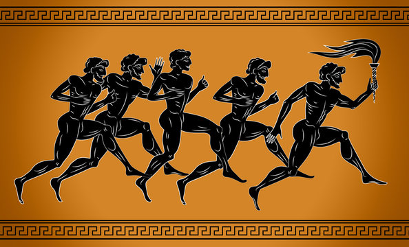 Black-figured runners with the torch. Illustration in the ancient Greek style. Sport concept illustration.